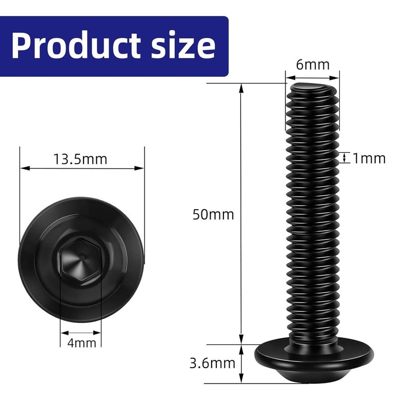 Etauwe 25-Piece M6-1.0 x 50mm Flange Button Head Screws - Black 304 Stainless Steel Socket Head Screws, Allen Hex Drive & Bit Included, Full Thread Machine Bolts - Image 2